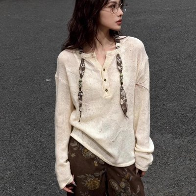 韩系白色内搭系带v领长袖针织衫女巨好看的早秋轻熟穿搭打底上衣