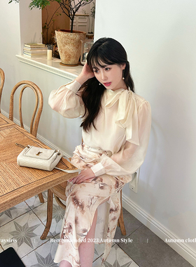alwaysiris 媛鸢/秋日情书 2023aw绑带衬衫褶皱印花套装