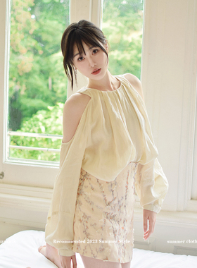 awaysiris 媛鸢/coline 2023年夏季新款设计感苎麻韩式露肩上衣
