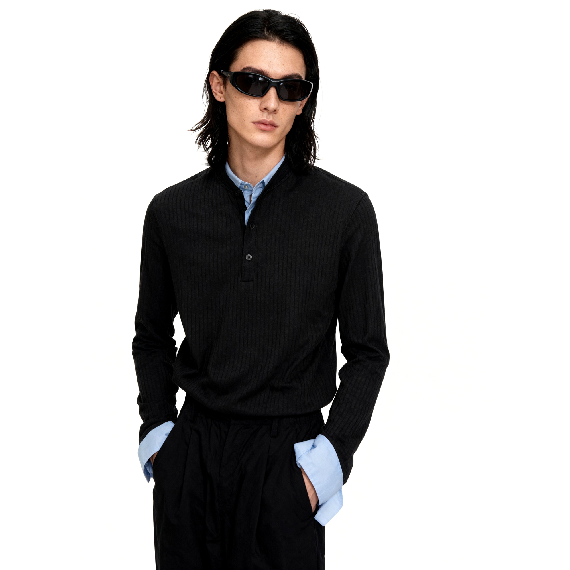 短句先生秋冬老钱风亨利领亚麻长袖T恤cleanfit内搭打底衫上衣