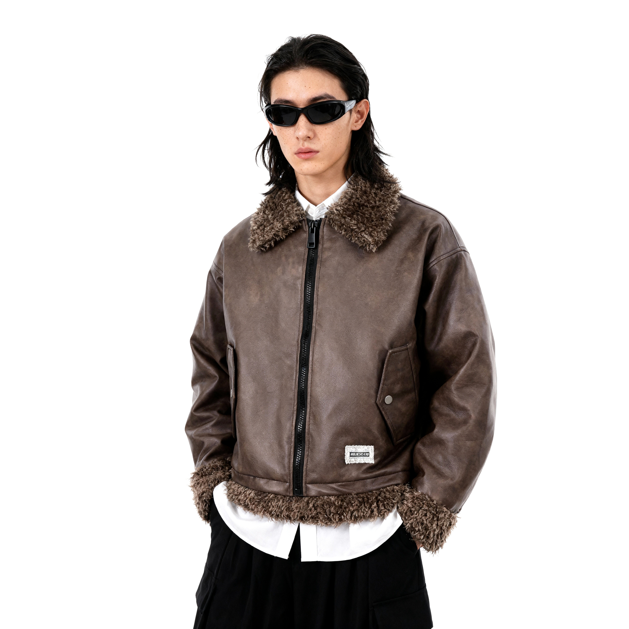 短句先生棕色毛绒领做旧皮质夹克棉衣冬季