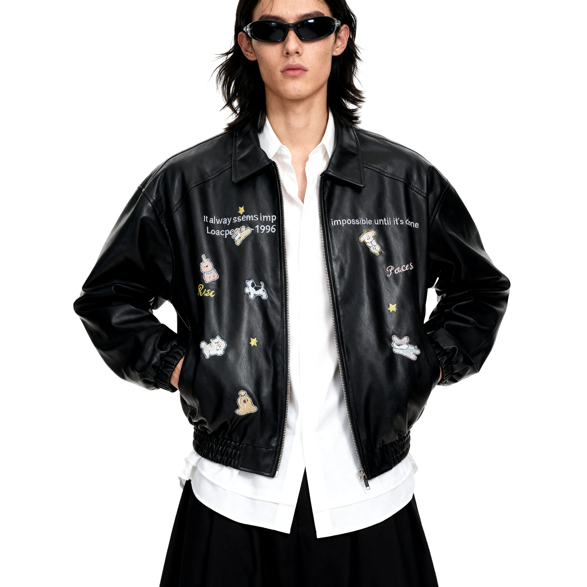 短句先生黑色刺绣机车风与艺术设计皮质夹克棉衣 复古潮流回潮