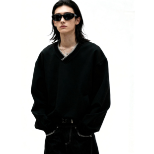 短句先生【V领珠边绣花】卫衣男女小众设计宽松休闲上衣慵懒痞帅