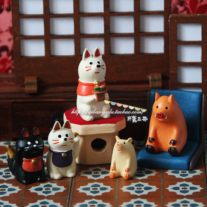日式Decole Zakka猪年吉祥招财狐狸公仔场景树脂装饰摆件五件包邮