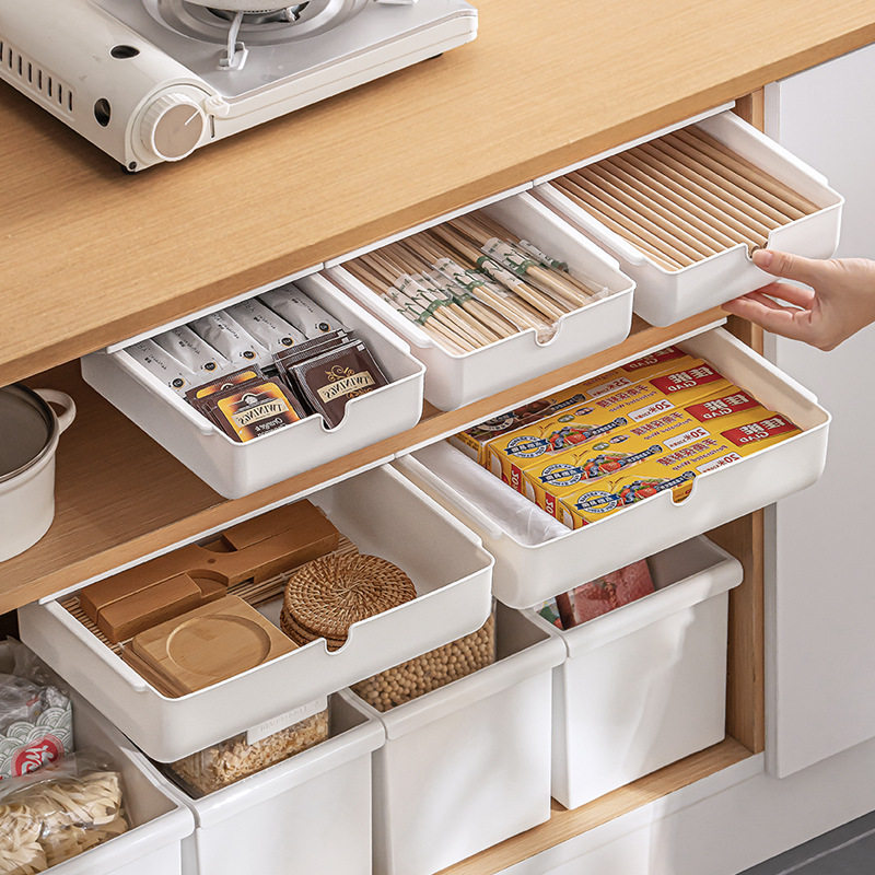 桌下收纳盒整理盒隐藏式抽屉盒子办公桌桌底橱柜粘贴式白色储物盒