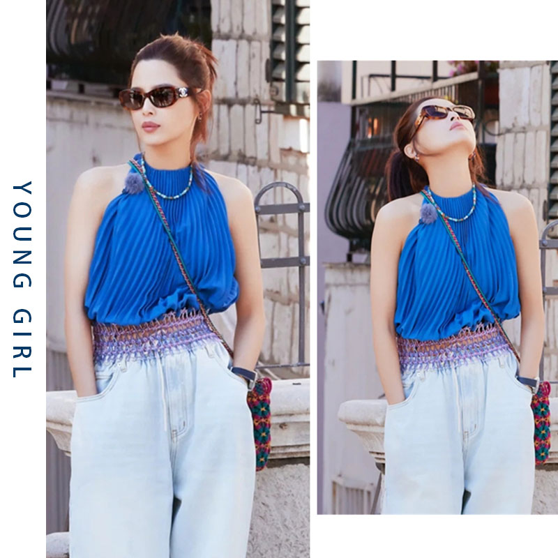 花儿与少年5辛芷蕾同款衣服蓝色挂脖式褶皱吊带背心内搭无袖上衣