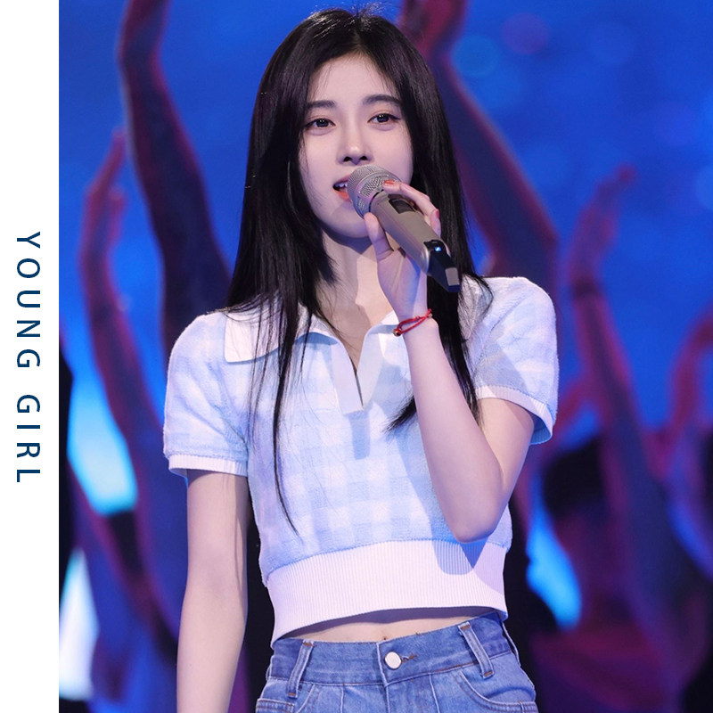 鞠婧祎同款露脐短款bm上衣2023新款针织polo格子短袖女夏装t恤ins