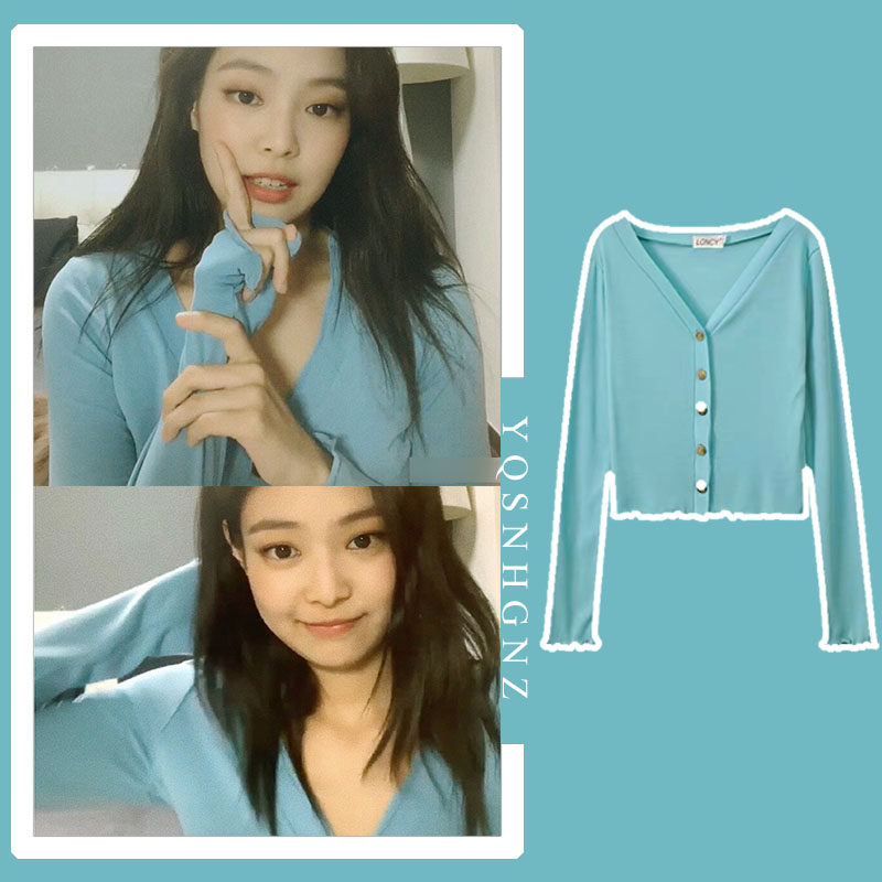 bm风上衣2021jennie金智妮同款波边好身材v领修身长袖紧身t恤开衫