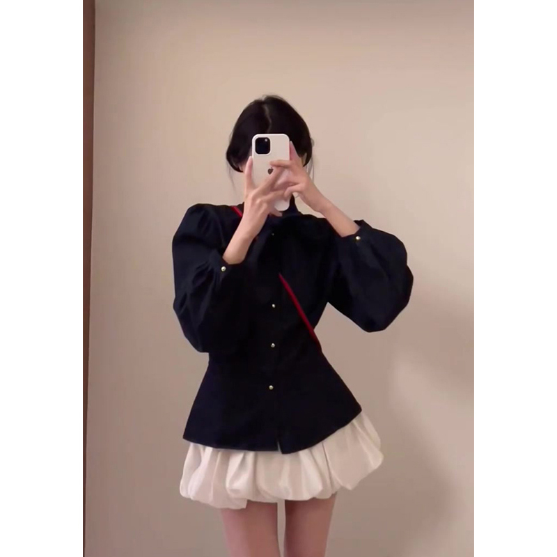 牛仔衬衫花苞半身短裙两件套装春