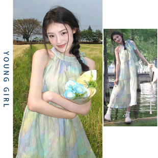 设计感绿色吊带裙女夏季 彩色艺术生连衣裙长裙慵懒度假风茶歇法式