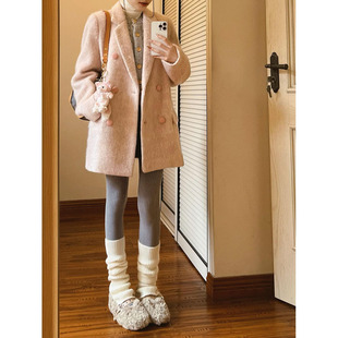 西装 高级感毛呢外套韩系小个子短款 秋冬季 粉色呢子大衣女新款