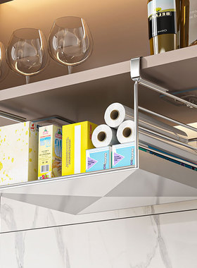 304不锈钢橱柜下挂架悬挂收纳柜内分层架免打孔吊柜下挂篮置物架