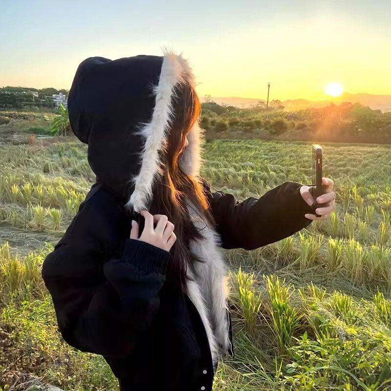 美式潮牌加绒黑色毛领连