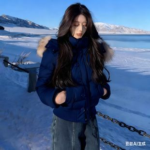 南区菲奥娜藏青可脱卸帽毛领棉服外套女冬季新款短款羽绒服