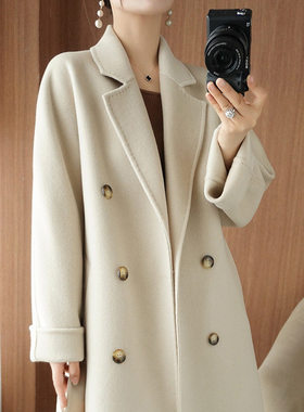 双面羊绒大衣女长款宽松100%羊毛秋冬毛呢外套双排扣西装领10801