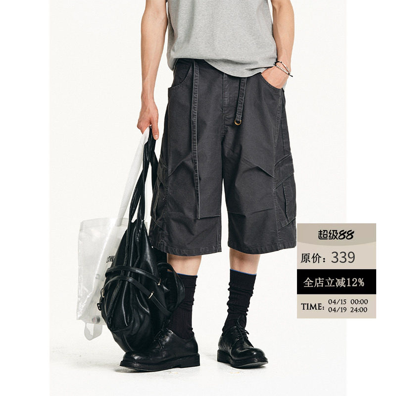 LIMPIDOCULUS 立体剪裁系带水洗落色做旧A字工装阔腿短裤