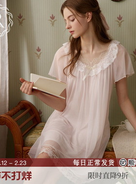 RoseTree短袖睡裙女款夏款宫廷公主风蕾丝甜美少女睡衣2025年新款