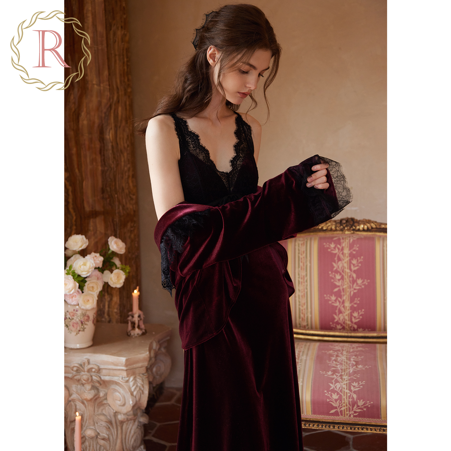 鎏金之夜丝绒吊带晨袍套装