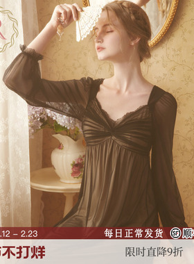 RoseTree性感睡裙女春秋款带胸垫蕾丝黑色法式公主宫廷风长袖睡衣