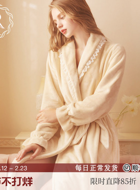 RoseTree珊瑚绒睡袍女款冬季加厚加绒浴袍浴衣长款法兰绒睡衣外套