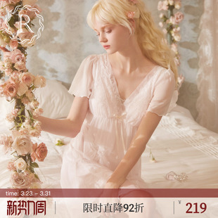 RoseTree性感睡裙女夏V领短袖 蕾丝纯欲公主风甜美少女睡衣带胸垫