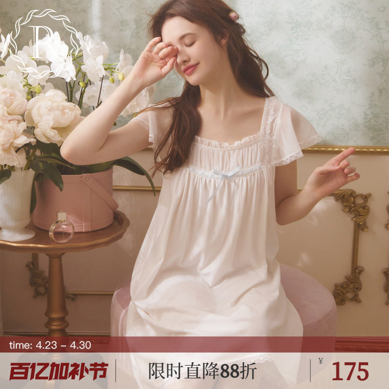 RoseTree纯棉睡裙女款夏季蕾丝甜美少女复古宫廷公主风睡衣夏天