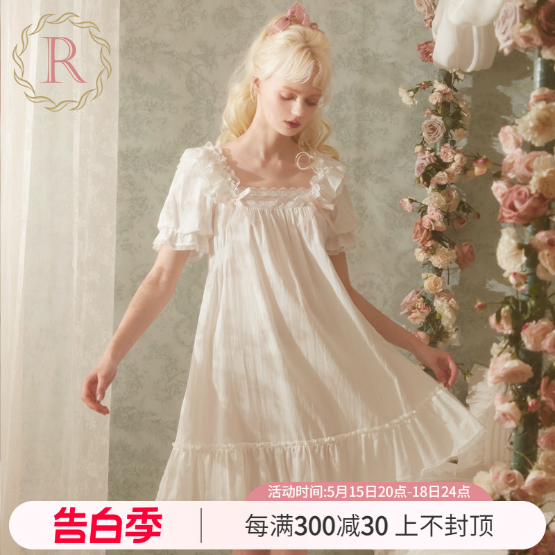 RoseTree蕾丝睡裙女夏季短袖方领可爱公主风少女纯棉睡衣2024新款