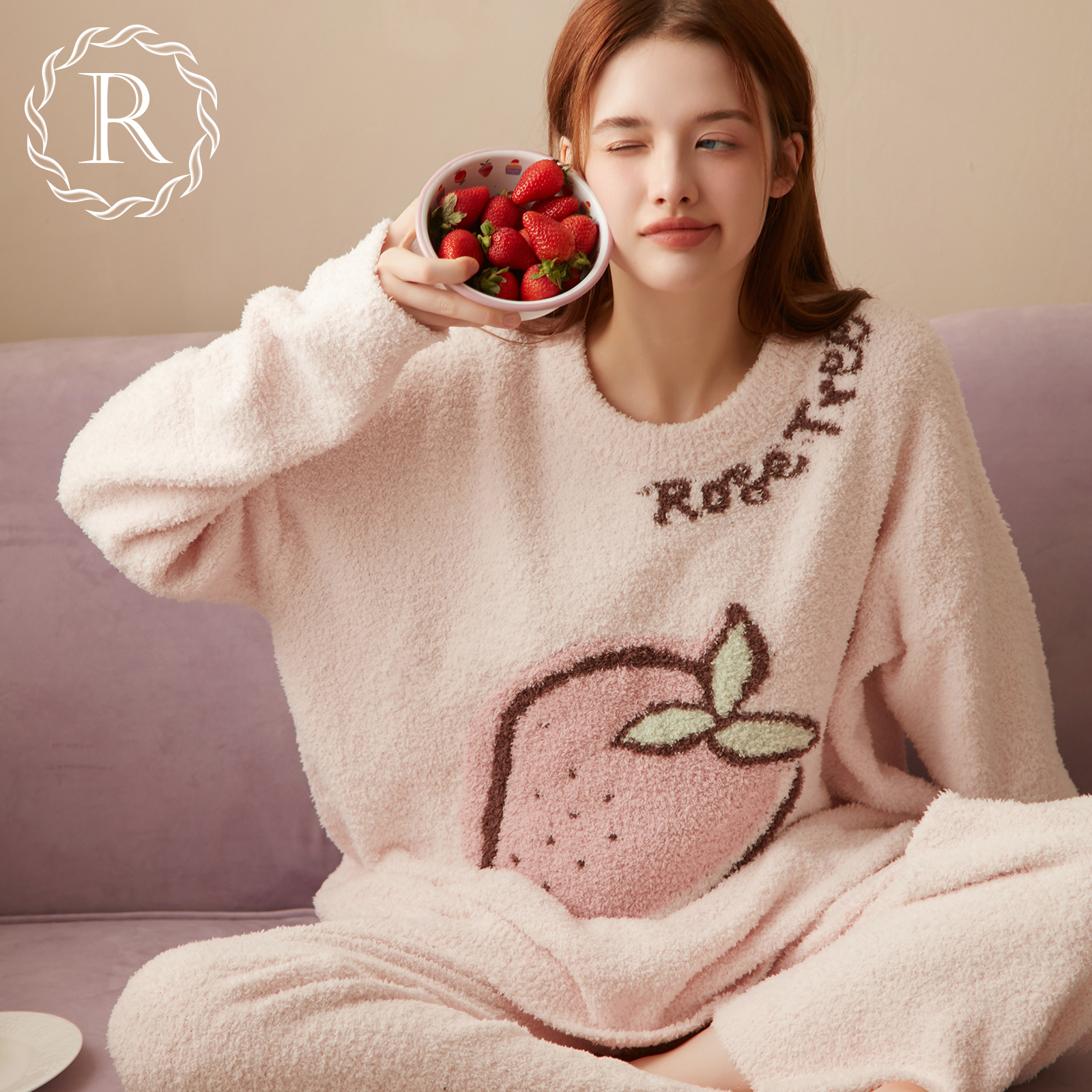 RoseTree草莓提花半边绒睡衣套装