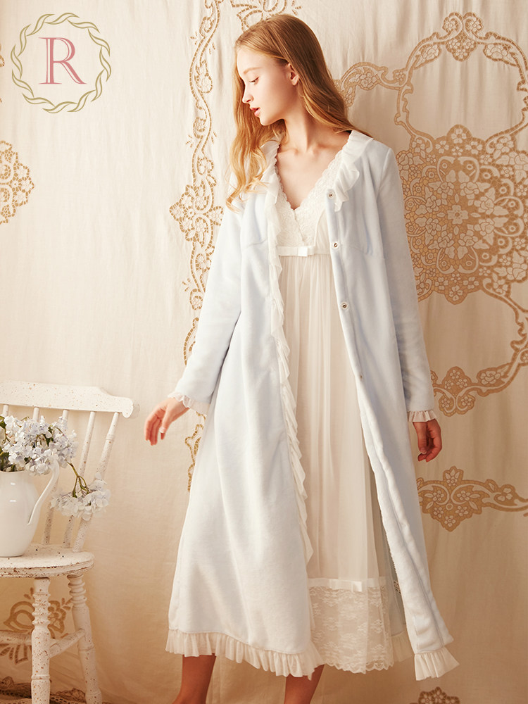 RoseTree Princess nightgown Women's autumn and winter thickened long version coral velvet bathrobe sweet flannel pajama night dress