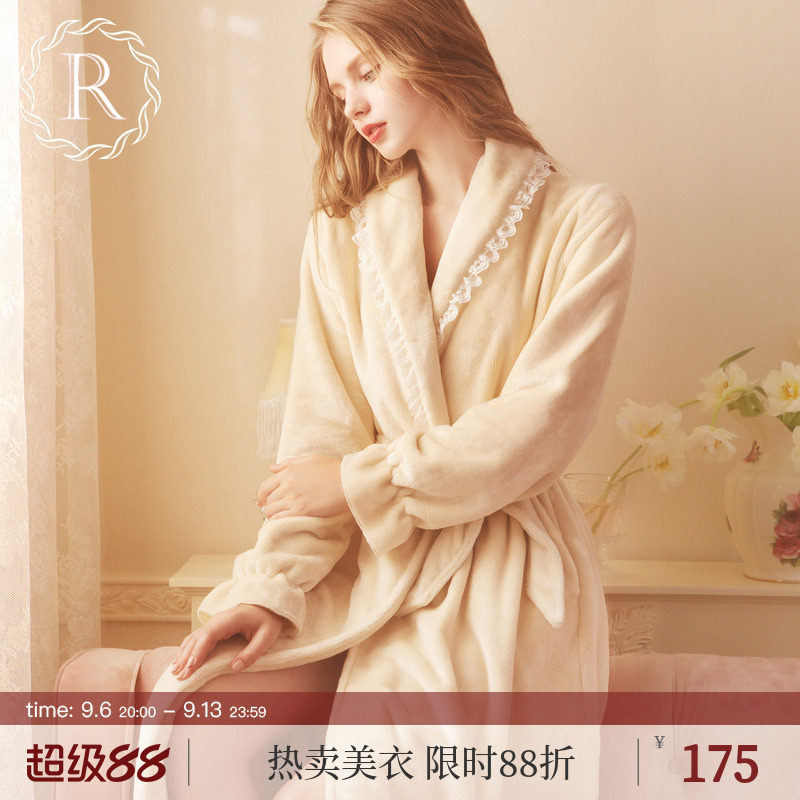 RoseTree珊瑚绒睡袍女款冬季加厚加绒浴袍浴衣长款法兰绒睡衣外套
