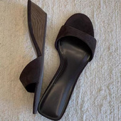 女外穿夏季 2025新款 简约高级感木纹坡跟一字拖鞋 高跟凉拖