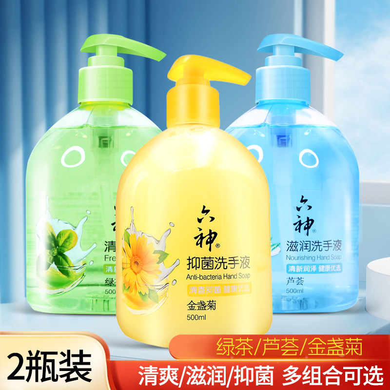 六神洗手液500ml抑菌清洁杀菌家用易冲洗芦荟滋润绿茶清爽洗手液