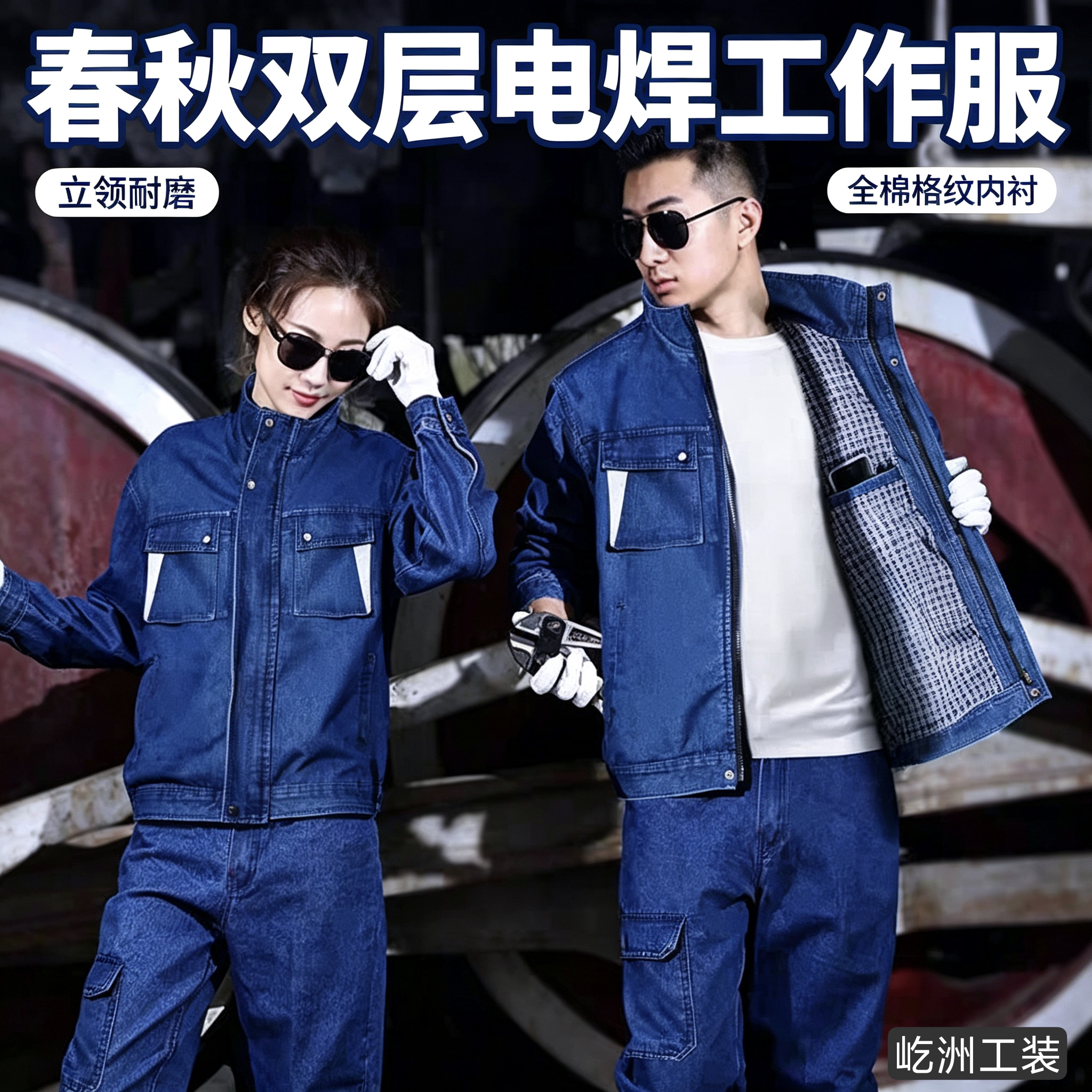 电焊牛仔工作服套装男加厚耐磨焊工防烫建筑工地船厂工装劳保服