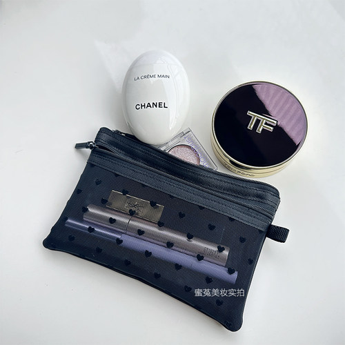 新款双层植绒网纱化妆包女便携气垫口红包眉笔化妆刷包护手霜收纳