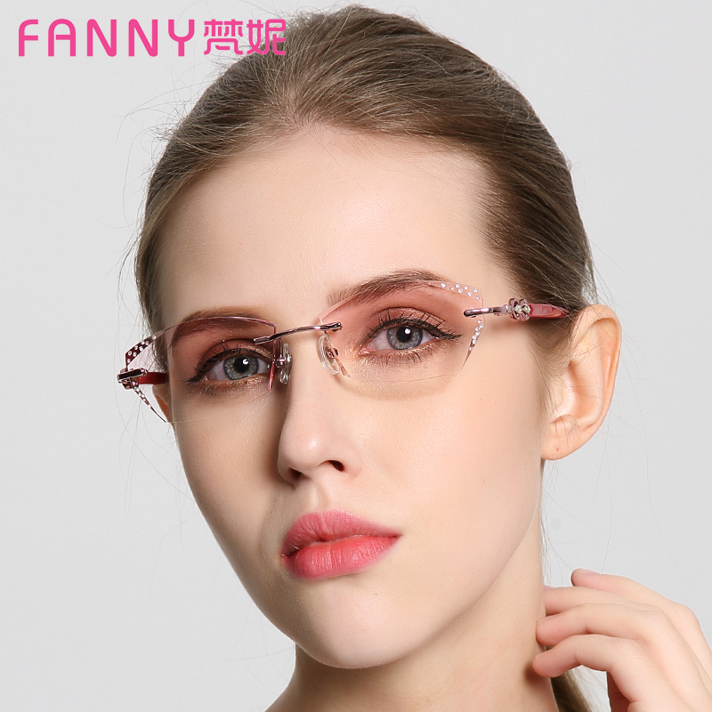 无框眼镜女近视镶钻石切边韩国玫瑰金超轻渐变色茶丹阳防蓝光防雾
