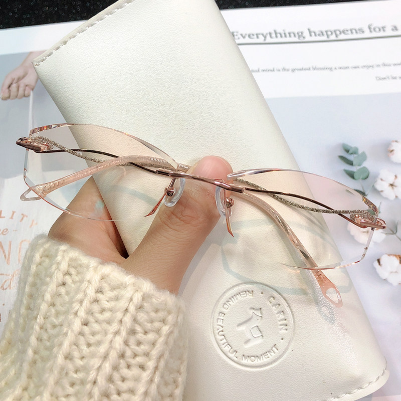 无框近视眼镜女钻石切边镶钻韩国超轻防蓝光渐变色防雾玫瑰金茶色