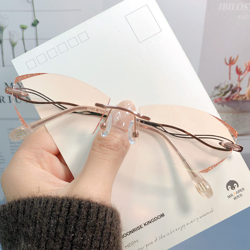 无框近视眼镜女钻石切边韩国配老花镜超轻防蓝光渐变色玫瑰金茶色