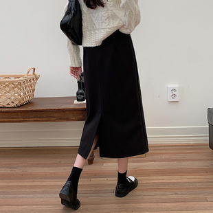 毛呢半身裙女秋冬大码 直筒开叉遮胯裙 黑色高腰显瘦a字裙胖m中长款