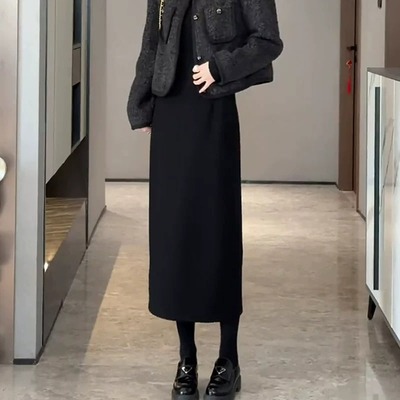 显瘦羊毛呢半身裙加绒加厚松紧腰