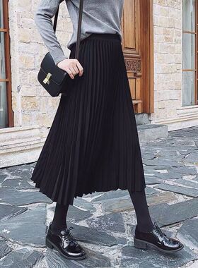 百褶裙半身裙女秋冬大码胖m中长款黑色显瘦a字伞裙子气质大摆长裙