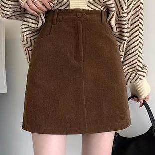 短裙秋冬咖色大码 复古遮胯口袋灯芯绒半身裙 高腰显瘦a字裙胖m韩版