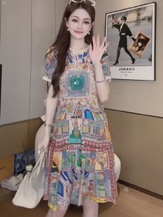 印花桑蠶絲連衣裙女裝 新款 漂亮別致媽媽裙子真絲薄款 中長裙子 夏季