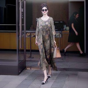 杭州氣質桑蠶絲真絲連衣裙女2024夏裝 高貴媽媽寬松碎花裙子中長款