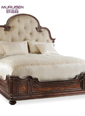 hooker胡克家具美式乡村高背双人床主卧鎏金复古做旧棉麻布艺大床