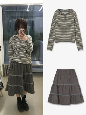 aeae新款刺绣条纹连帽长袖卫衣+半身裙