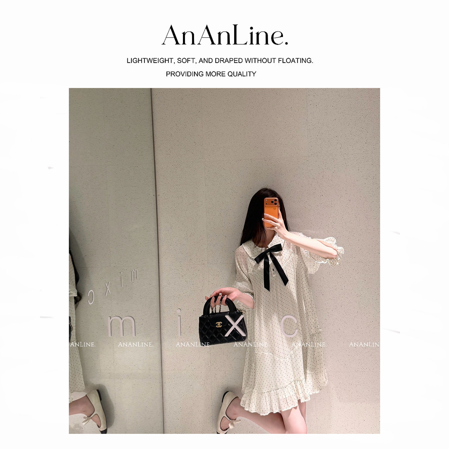 AnAnLine.【圆舞曲】复古！海岛丝波点娃娃领连衣裙 可拆卸蝴蝶结