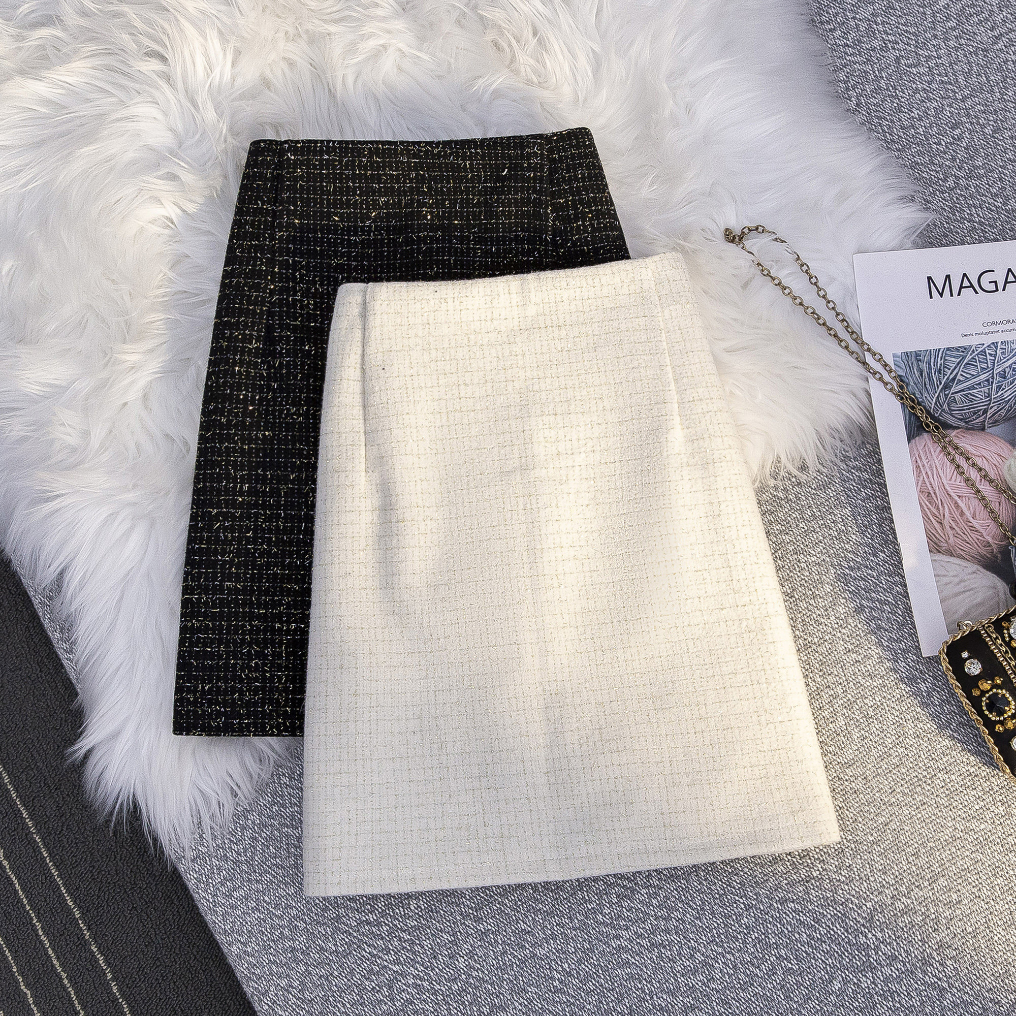 毛呢小香风金丝半身裙2025秋冬女新款高腰显瘦A字半截包臀短裙子