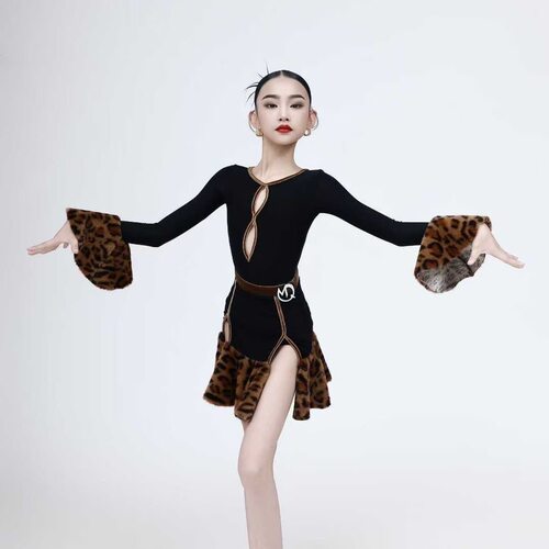 MQ舞服少儿拉丁舞秋冬豹纹巴洛特喇叭袖长袖分体练习服跳舞女童