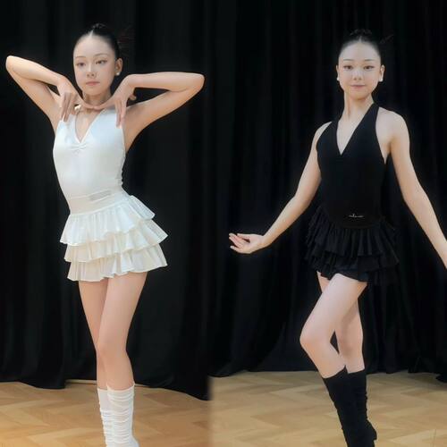 Level舞服少儿拉丁舞夏季精英挂脖蛋糕练习服分体女童练习服白色