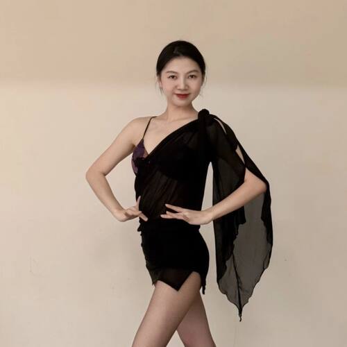 loyal舞服拉丁舞服新款练功服表演服黑裸豹纹斜肩飘袖包臀连衣裙